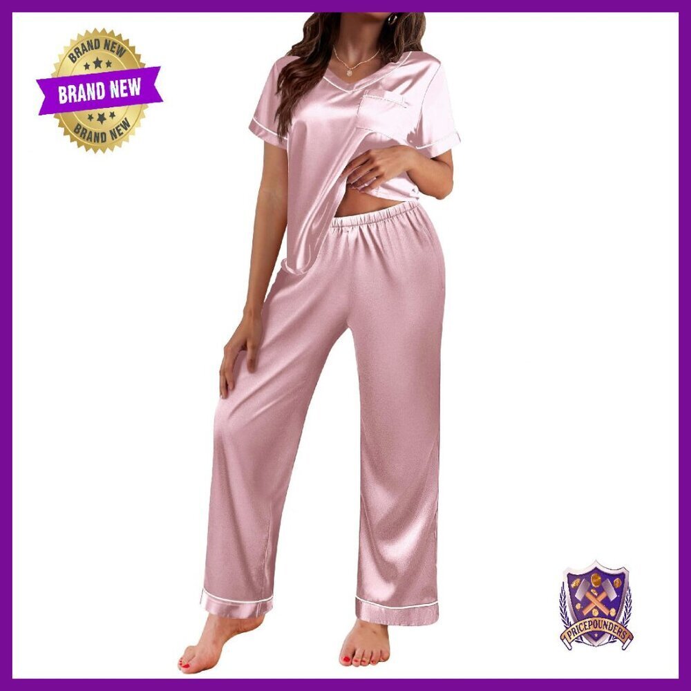 Silk Satin Pajama Set Short Sleeve Top Loose Pants Sleepwear Lounge